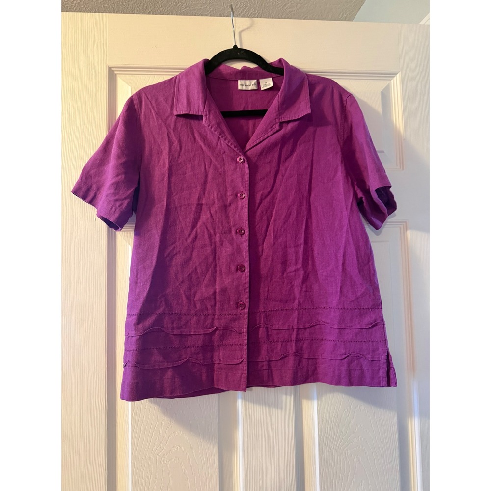 Kim Rogers Shirt Womens Medium Purple Linen Blend Scalloped Hem Button Up Blouse